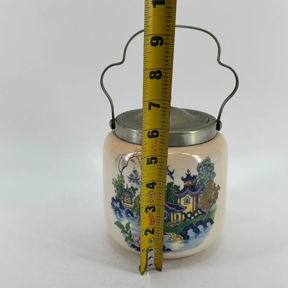 Vintage English Flosmaron Chinoiserie Ceramic Biscuit Barrel Pagoda Jar Lidded